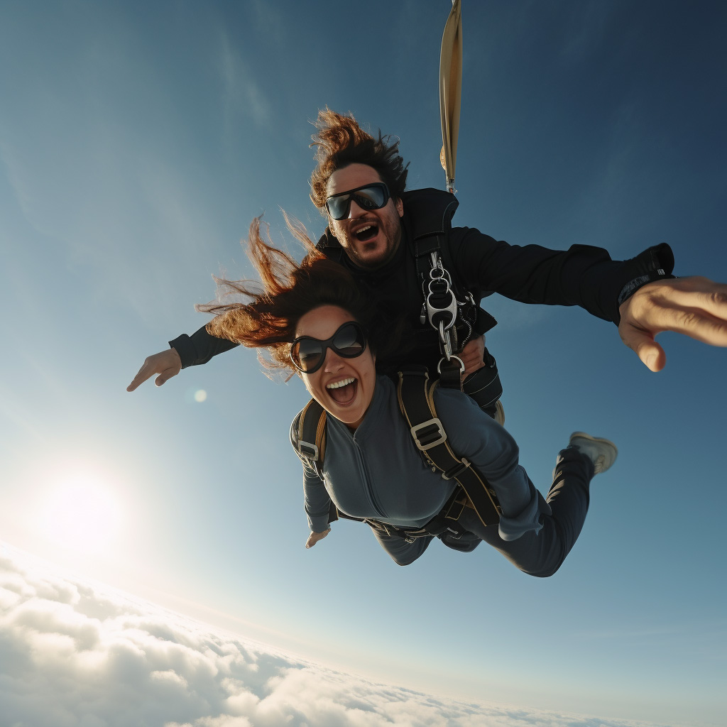 Couple on vacation, skydiving. For vacation experience providers, Omotenashi can deliver expert recommendations to their customers to elevate vacations into unforgettable getaways.