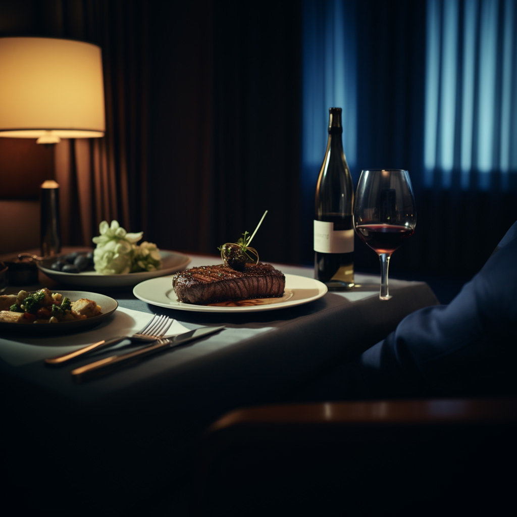 Dinner with steak and wine served in a 5 star hotel room