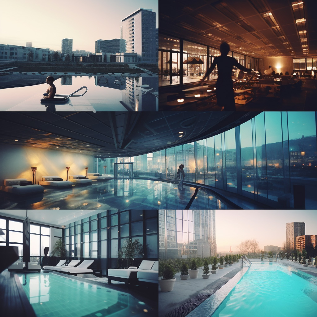 collage of hotel amenities like swimming pool and fitness center